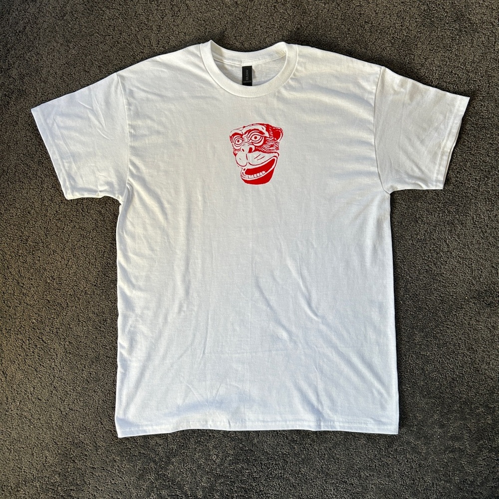 Hand-Screenprinted White T-Shirt with Bold Red Monkey Design